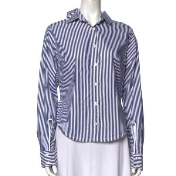 DESIGNER OVELIA TRANSTOTO BLUE/WHITE STRIPED COLLAR BUTTOM-UP LONG SLEEVE BLOUSE - Picture 2 of 9